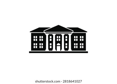 ['A flat black vector icon depicting a neoclassical building with a triangular pediment, central columns, and symmetrical windows on a white background']