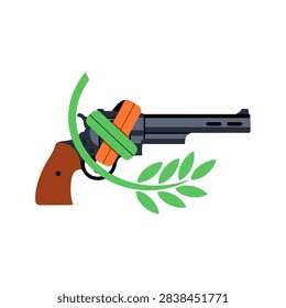 ['A flat vector graphic depicting a revolver firearm entwined with green foliage and leaves, symbolizing peace and disarmament']