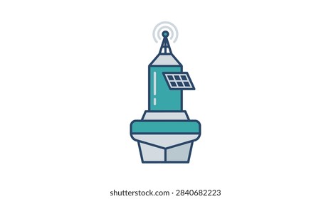 ['A flat vector icon of a floating sea buoy featuring a central tower, a small solar panel, and a radio signal transmitter on top']