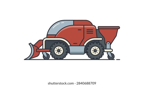 ['A flat vector illustration of a compact red snow removal machine featuring a front plow blade and a rear salt hopper on a white background']