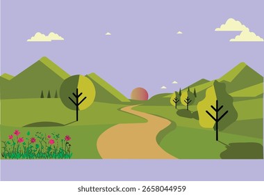 ''Una Ilustración vectorial llana de un paisaje escénico con colinas verdes, un camino sinuoso, árboles y un amanecer o atardecer en el paisaje de fondo.  