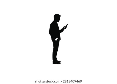 ['A full body silhouette of a man standing in profile while holding and looking at a mobile phone against a white background']