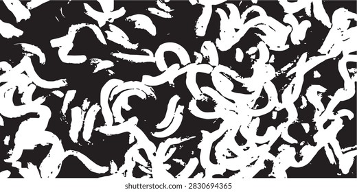 ['A graphic design featuring white textured brush strokes and squiggly shapes scattered across a dark background.']