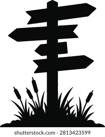 ['A graphic illustration featuring a dark silhouette of a multi-directional signpost standing amidst a patch of marshy reeds and grass']