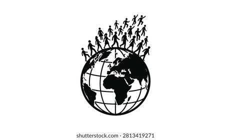 ['A graphic illustration featuring a globe with a group of people in silhouette walking along the top surface, representing global migration or population movement']