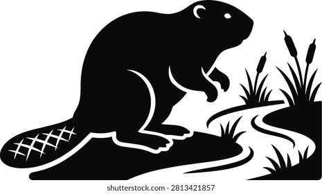 ['A graphic vector silhouette of a beaver with a textured tail standing on a riverbank with cattails in the background']