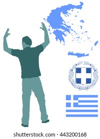 .A Greek Evzone dancing vector silhouette isolated on white background.Traditional dance. Greece map, coat of arms and Greece flag.Tourist guide Greek symbol.  Sirtaki, Syrtaki, Zorba dance.