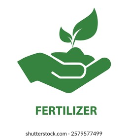 "A green vector icon representing fertilizer, featuring a stylized hand holding soil with a growing plant. The design symbolizes agriculture, sustainability, organic farming, and plant growth. The sim