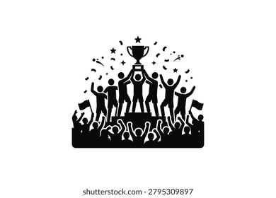 ['A group of people standing on a podium holding a trophy high with confetti falling around them and a cheering crowd below']