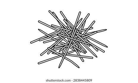 ['A hand drawn sketch featuring a dense cluster of overlapping wooden toothpicks scattered in a random pile on a plain white background']