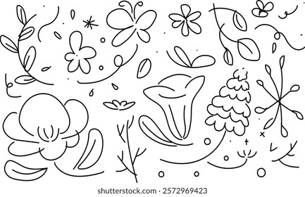 "A hand-drawn illustration born from imagination, featuring various flowers in delicate black and white line work. Butterflies flutter above the blossoms, while small bees hover in search of nectar. L