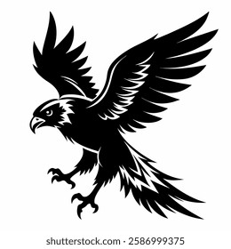 "A hawk in silhouette, swooping down with sharp claws extended, black-and-white."