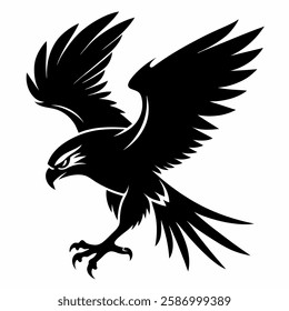 "A hawk in silhouette, swooping down with sharp claws extended, black-and-white."