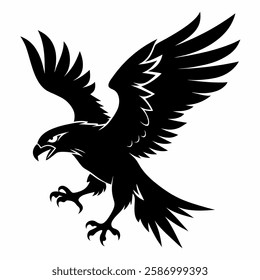 "A hawk in silhouette, swooping down with sharp claws extended, black-and-white."