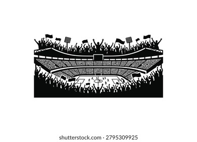 ['A high angle view of a packed stadium arena with silhouettes of spectators cheering and waving flags during a sports event']