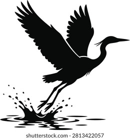 ['A high contrast black silhouette of a long-necked bird lifting off from a water surface with splashing droplets']