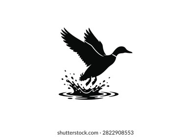 ['A high contrast black silhouette of a mallard duck lifting off from a water surface with splashing droplets']