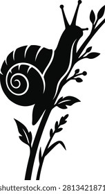 ['A high contrast black and white graphic illustration featuring a snail with a spiral shell crawling upward on a delicate plant branch with leaves']