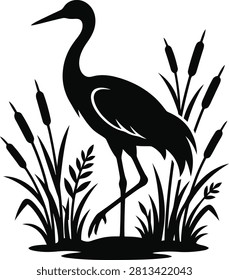 ['A high contrast black and white graphic illustration featuring a wading bird standing in a marshy environment surrounded by cattail plants and tall grass blades']