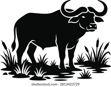 ['A high contrast black and white graphic illustration featuring the profile of a sturdy Cape buffalo with large curved horns standing amidst reeds and water']