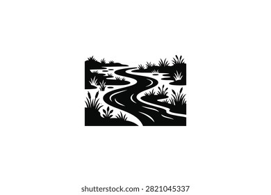 ['A high contrast graphic featuring a meandering stream surrounded by stylized reeds and marshy vegetation in a simple silhouette style']