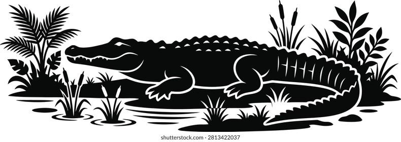 ['A high contrast graphic representation of an alligator featuring textured scales and a powerful tail in a stylized marshland setting']