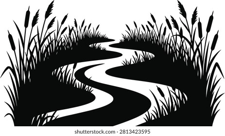 ['A high contrast graphic silhouette featuring a meandering stream surrounded by dense marsh vegetation including cattails and tall grasses']