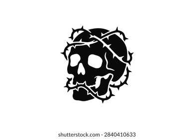 ['A high contrast vector style graphic of a human skull wrapped in a crown of thorns with sharp spikes and dark shadows']