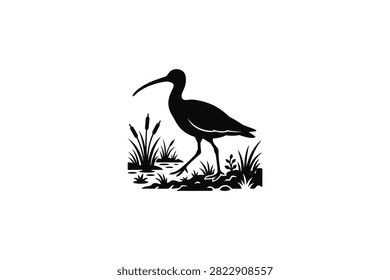 ['A high-contrast black and white graphic illustration of a shorebird with a curved beak walking through reeds and aquatic vegetation']