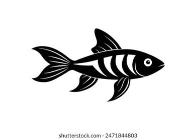 "A highly detailed black vector illustration showcasing the elegant silhouette of a zebrafish, capturing its distinctive shape and features in profile view."