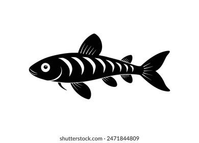 "A highly detailed black vector illustration showcasing the elegant silhouette of a zebrafish, capturing its distinctive shape and features in profile view."