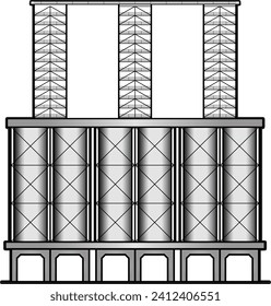 "A line drawing showing a coker unit with drums, piping, and catwalk