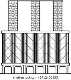 "A line drawing showing a coker unit with drums, piping, and catwalk