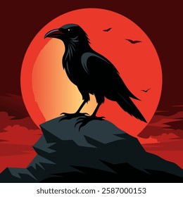 "A lone raven in silhouette, standing on a rock, high contrast."