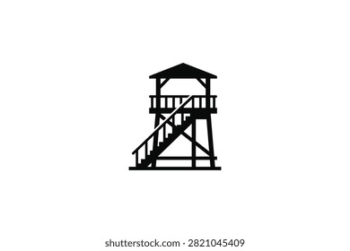 ['A minimalist black graphic icon depicting a raised wooden observation tower featuring a roofed platform and an external staircase on a plain white background']