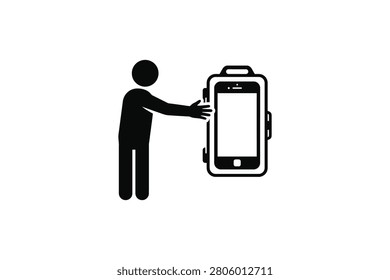 ['A minimalist black icon depicting a stylized human figure standing next to a large smartphone or mobile device, representing digital interaction or technology usage.']