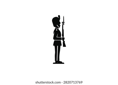 ['A minimalist black icon depicting a British royal guard in a tall bearskin hat holding a rifle in a standing position against a white background']