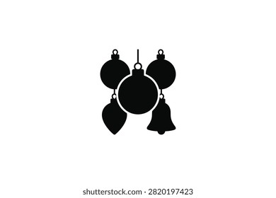 ['A minimalist black icon featuring a central round bauble surrounded by two smaller spheres, a teardrop ornament, and a bell']