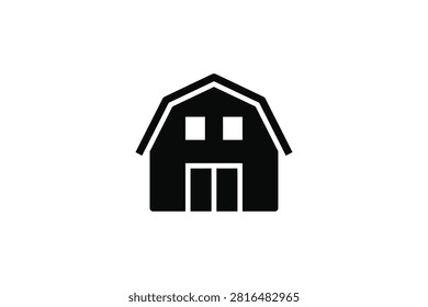 ['A minimalist black icon of a rustic barn with a gambrel roof, two upper windows, and double doors on a white background']