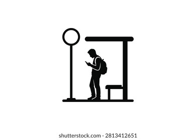 ['A minimalist black icon showing a person with a backpack standing under a bus shelter roof next to a signpost while using a mobile device']