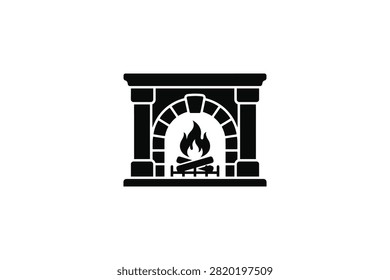 ['A minimalist black silhouette icon depicting a traditional stone fireplace with a burning fire and logs inside an arched hearth']