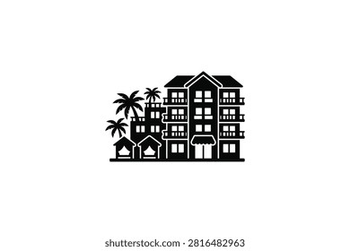 ['A minimalist black vector icon depicting a multi-story hotel building with balconies and adjacent palm trees on a white background']