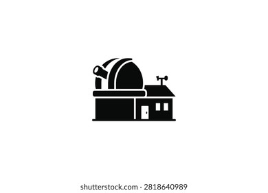 ['A minimalist black vector icon depicting an observatory building featuring a dome structure with a telescope and a weather vane on the roof']