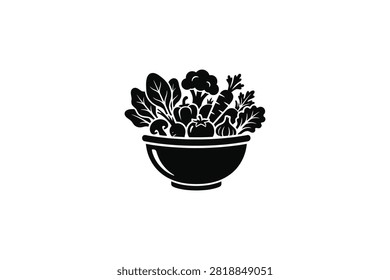 ['A minimalist graphic design featuring a bowl overflowing with various garden vegetables including broccoli, carrots, and leafy greens in a solid black silhouette style']