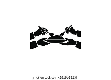 ['A minimalist graphic illustration featuring several hands holding cutlery and a plate, symbolizing communal dining, sharing, and cooperation.']