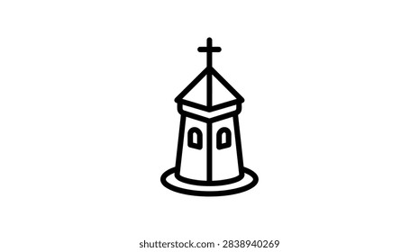 ['A minimalist vector icon featuring a stylized church tower with a cross on top and arched windows on a plain white background']