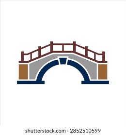 ['A minimalist vector icon featuring an arched bridge with brown pillars, a grey stone arch, and a dark blue railing and base']