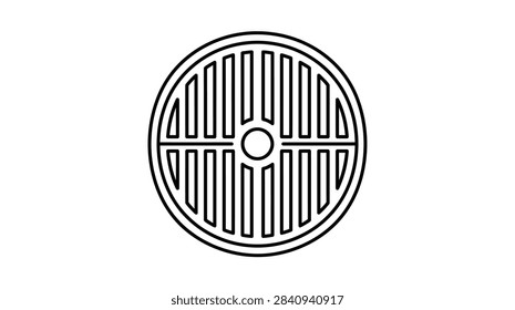 ['A minimalist vector icon of a round storm drain grate featuring vertical bars and a central circular opening on a white background']