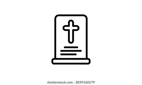 ['A minimalist vector illustration of a rectangular gravestone featuring a central Christian cross and horizontal lines representing an inscription']