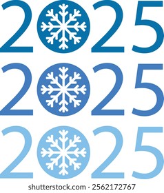 "A modern 2025 design featuring a snowflake icon integrated within the typography in various shades of blue. Perfect for winter-themed projects, New Year graphics